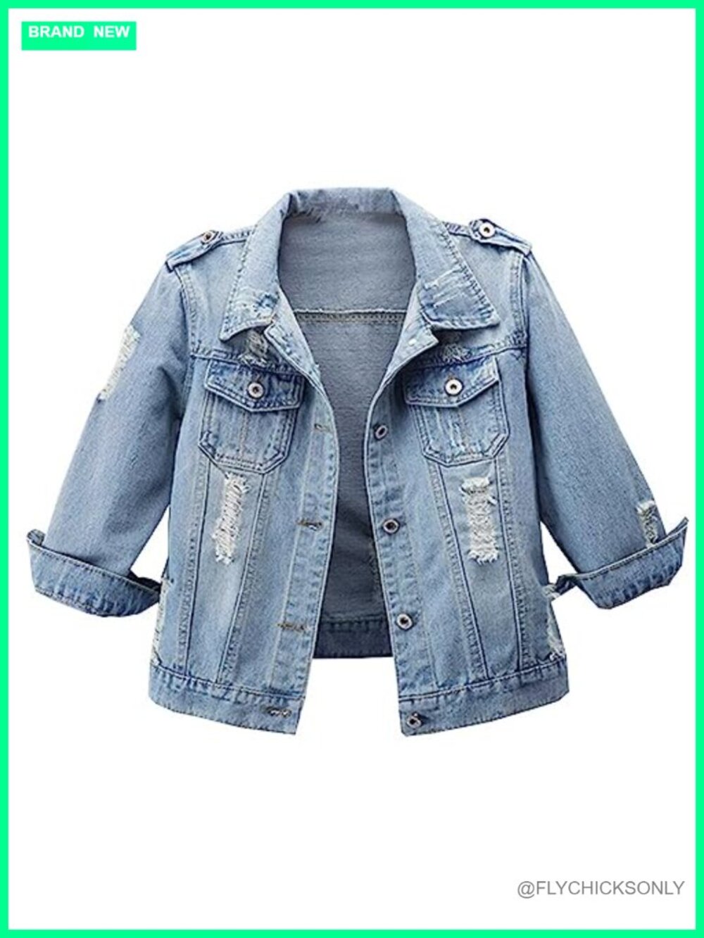 Womens Cropped 3/4 Sleeve Denim Jacket Button Front Distressed Jean Coat
